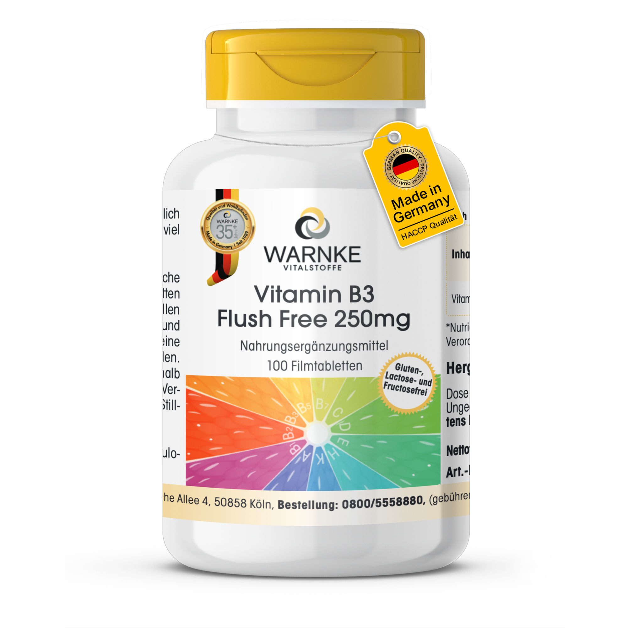 Vitamin B3 Flush Free 250mg - 100 Film-Coated Tablets - for Skin, Nervous System & More - High-Strength & Vegan | Warnke Vitalstoffe