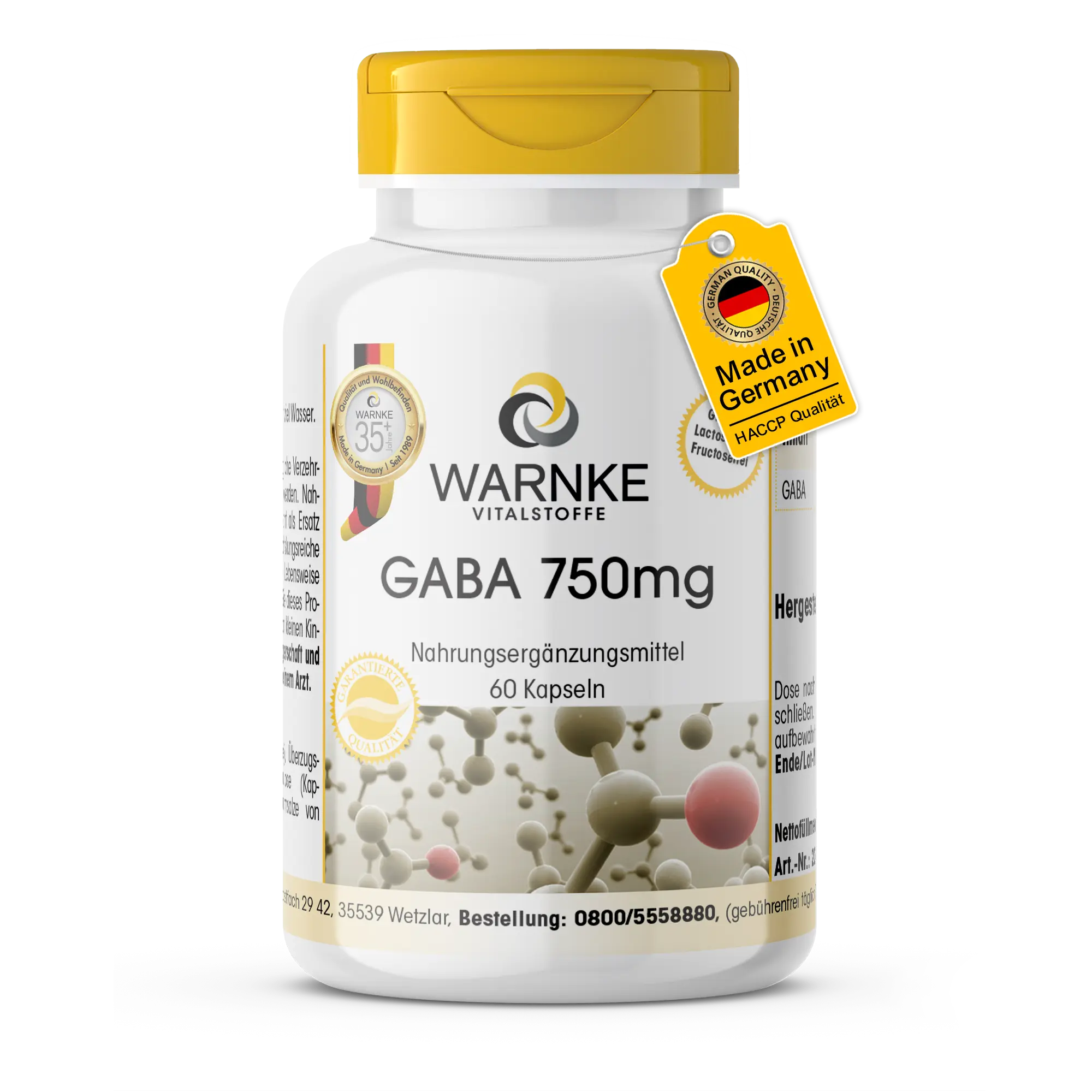 GABA 750mg - 60 Kapseln - Gamma-Aminobuttersäure - Vegan | Warnke Vitalstoffe