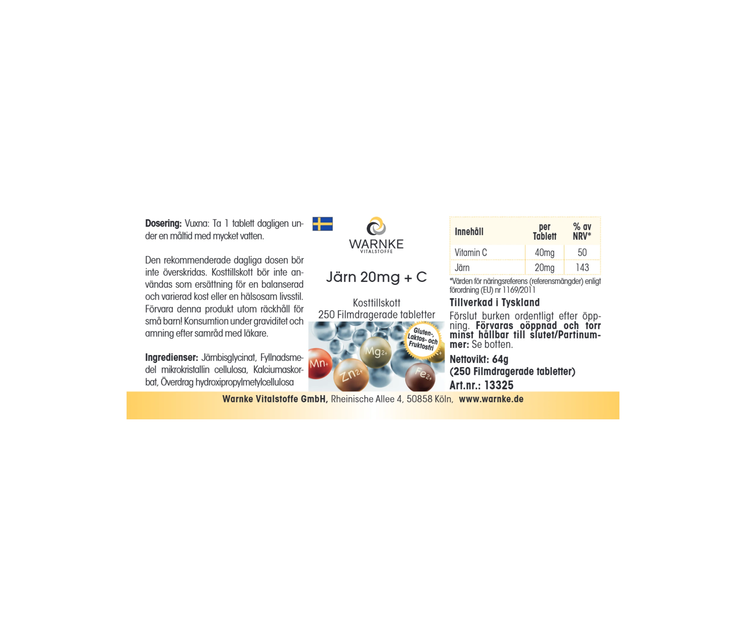 Iron 20mg + C - 250 Film-Coated Tablets - Easy to Swallow - Vegan | Warnke Vitalstoffe